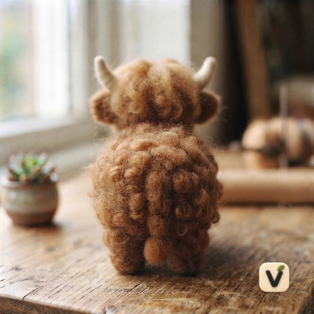 Handmade Wool Felt Fluffy Highland Cow Figurine with Wool Bell – Rustic Farm Animal Desktop Decor
