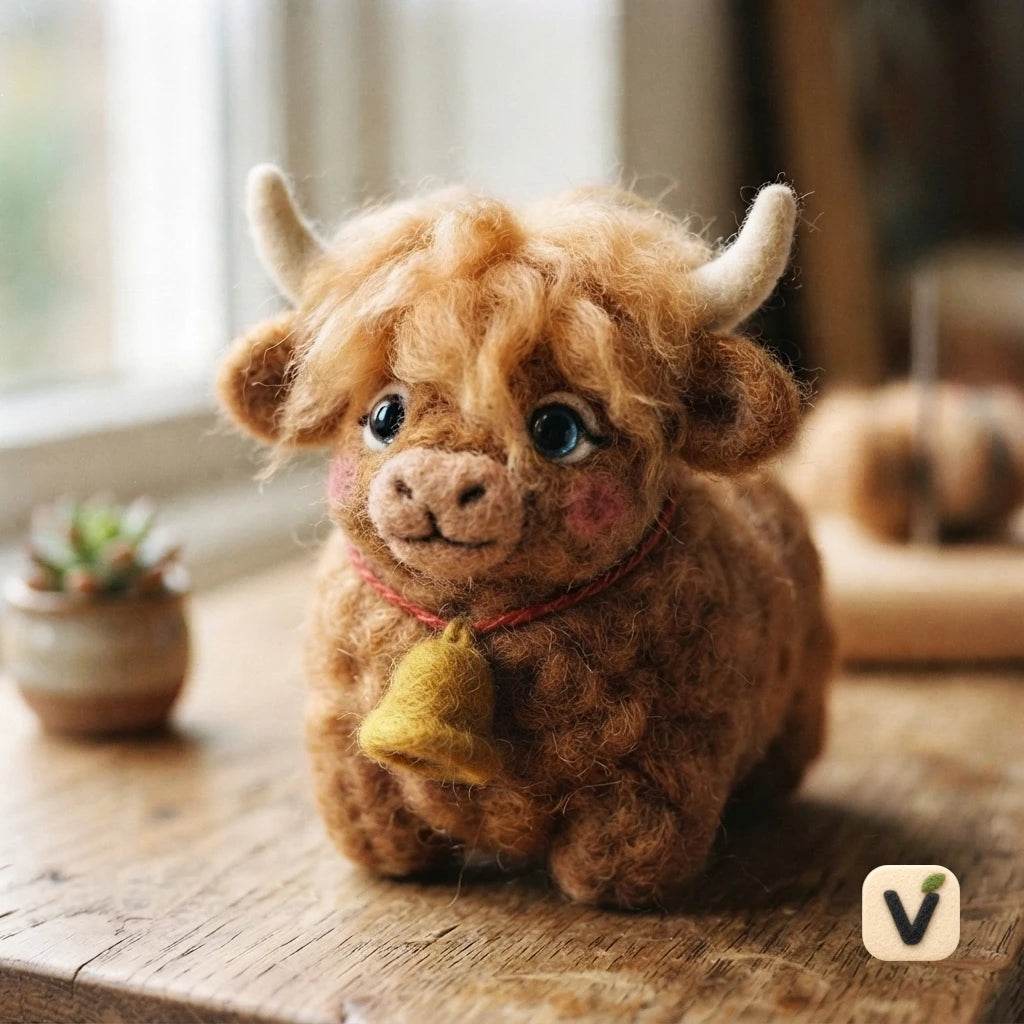 Handmade Wool Felt Fluffy Highland Cow Figurine with Wool Bell – Rustic Farm Animal Desktop Decor