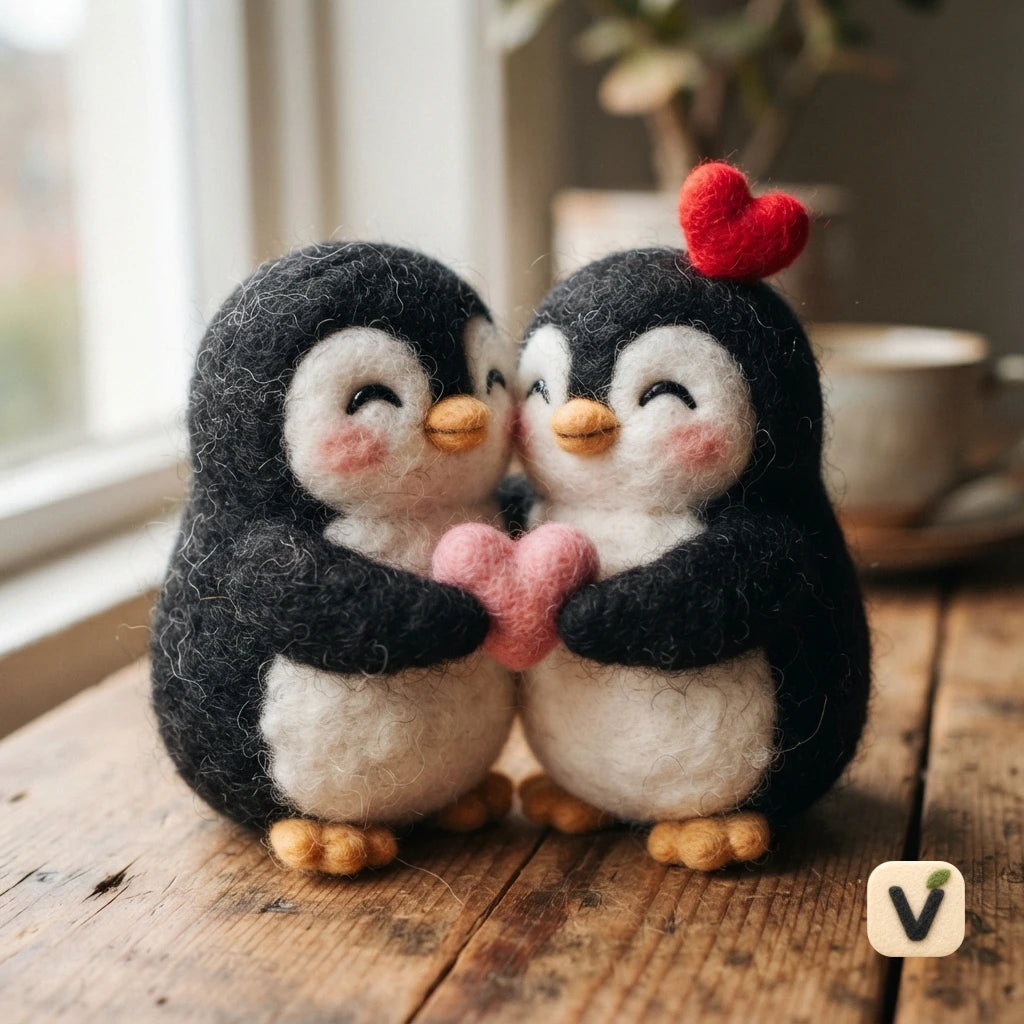 Handmade Wool Felt Couple Penguin Figurine Set with Heart Ornaments – Sweet Valentine Table Decor