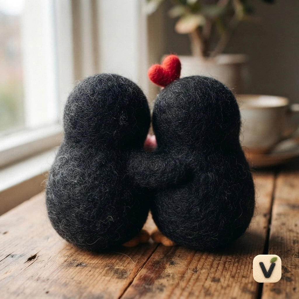 Handmade Wool Felt Couple Penguin Figurine Set with Heart Ornaments – Sweet Valentine Table Decor