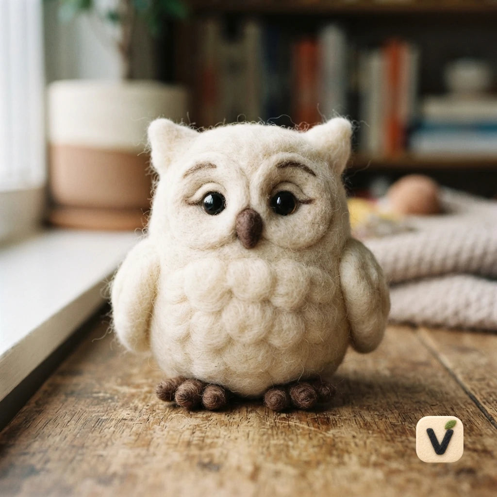 Handmade Wool Felt Cream White Owl Figurine – Forest Animal Book Nook Desktop Decor
