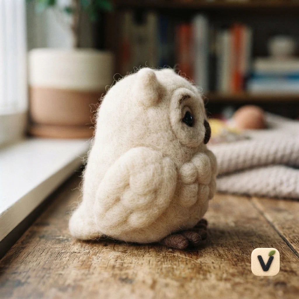 Handmade Wool Felt Cream White Owl Figurine – Forest Animal Book Nook Desktop Decor