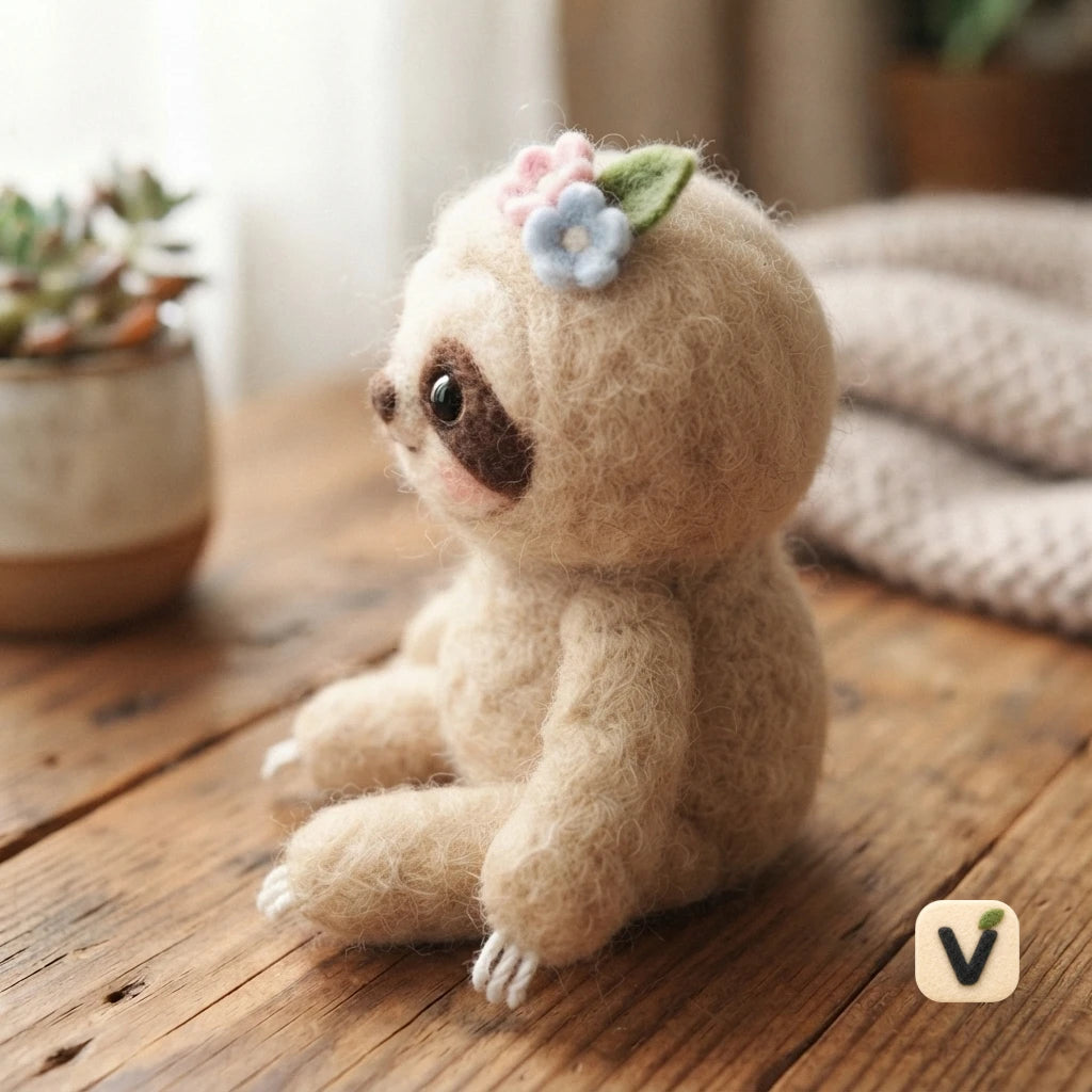 Handmade Wool Felt Cute Sloth Figurine with Pink & Blue Flower Hair Ornaments – Warm Forest Desktop Decor