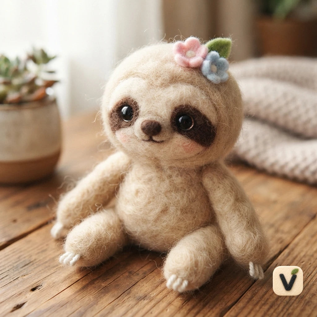 Handmade Wool Felt Cute Sloth Figurine with Pink & Blue Flower Hair Ornaments – Warm Forest Desktop Decor