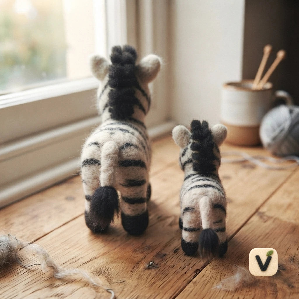 Handmade Wool Felt Parent and Baby Zebra Figurine Set – Cute Savannah Animal Table Decor