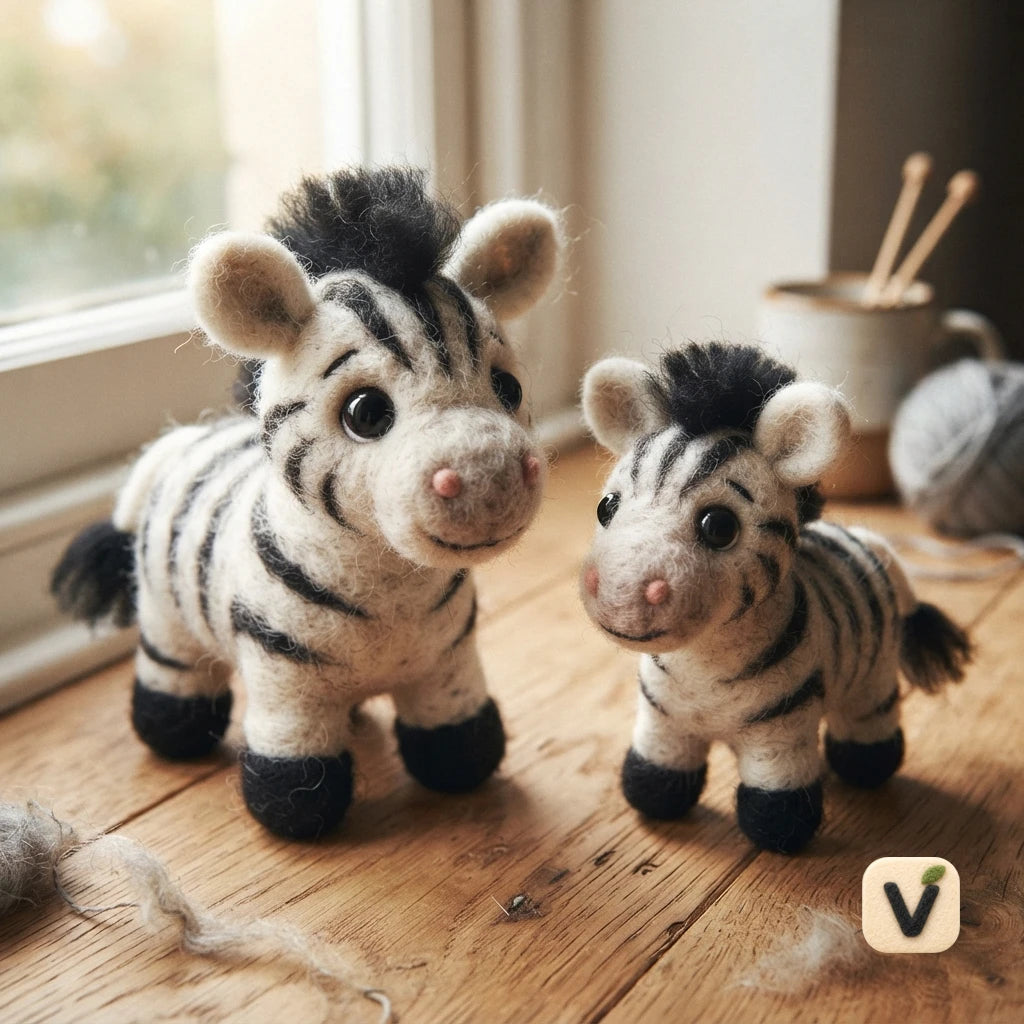 Handmade Wool Felt Parent and Baby Zebra Figurine Set – Cute Savannah Animal Table Decor