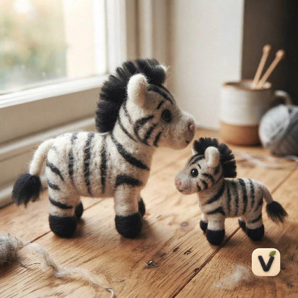 Handmade Wool Felt Parent and Baby Zebra Figurine Set – Cute Savannah Animal Table Decor