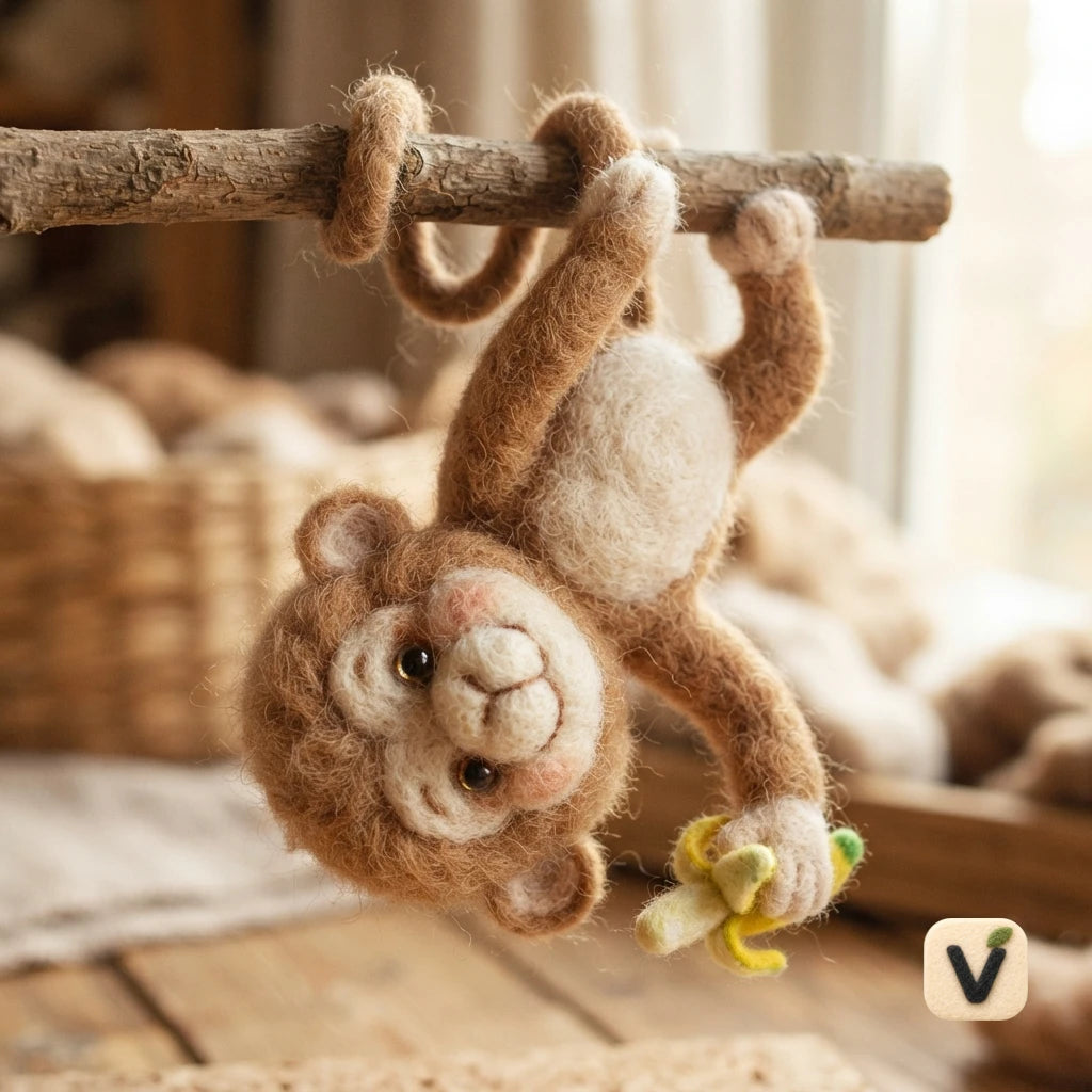 Handmade Wool Felt Hanging Monkey Figurine with Banana and Wood Branch – Cute Jungle Animal Desktop Decor