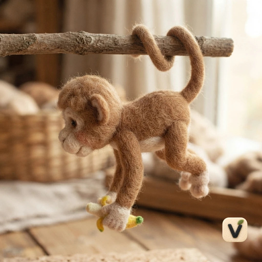 Handmade Wool Felt Hanging Monkey Figurine with Banana and Wood Branch – Cute Jungle Animal Desktop Decor