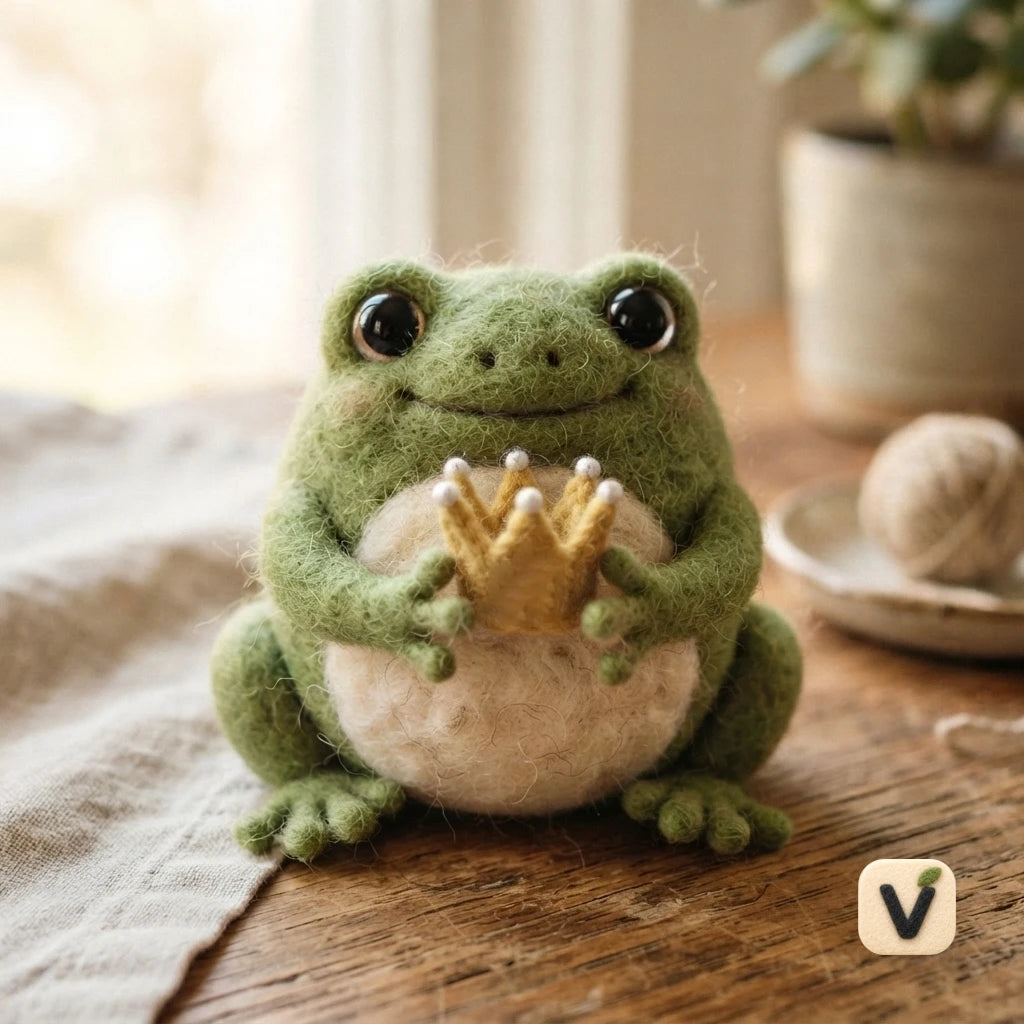 Handmade Wool Felt Prince Frog Figurine with Golden Wool Crown – Fairy Tale Desktop Decor