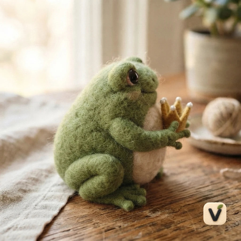 Handmade Wool Felt Prince Frog Figurine with Golden Wool Crown – Fairy Tale Desktop Decor