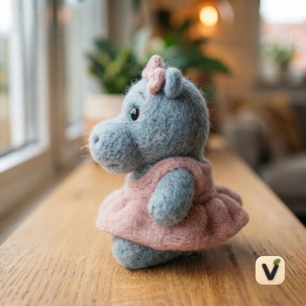 Handmade Wool Felt Cute Girl Hippo Figurine with Pink Dress & Bow – Kawaii Wildlife Desktop Decor