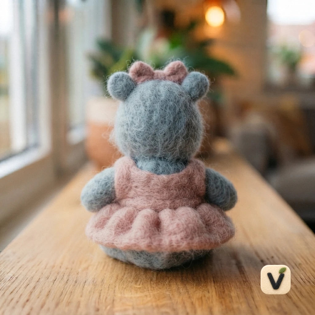 Handmade Wool Felt Cute Girl Hippo Figurine with Pink Dress & Bow – Kawaii Wildlife Desktop Decor
