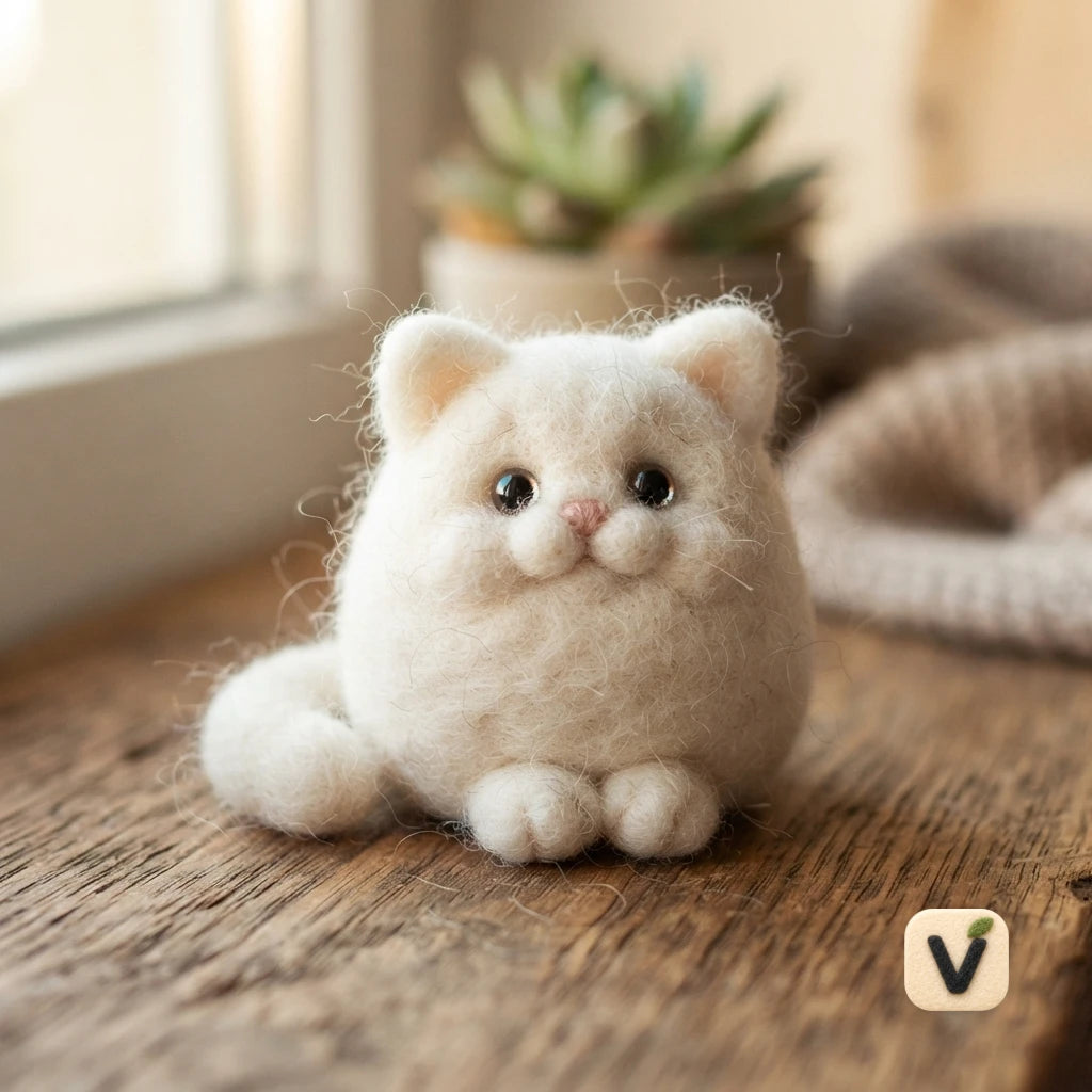 Handmade Wool Felt Cream Fluffy Persian Kitten Figurine – Cozy Pet Tabletop Ornament