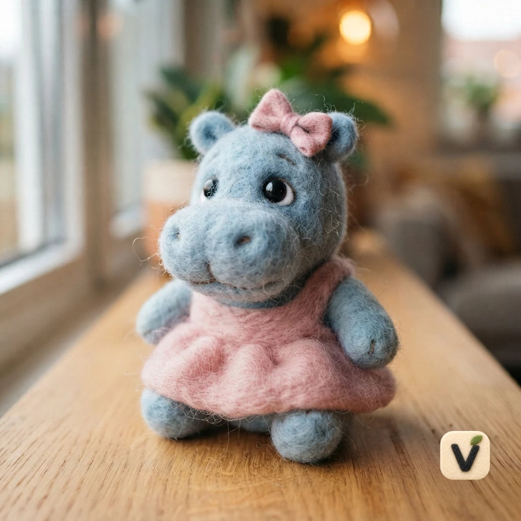 Handmade Wool Felt Cute Girl Hippo Figurine with Pink Dress & Bow – Kawaii Wildlife Desktop Decor