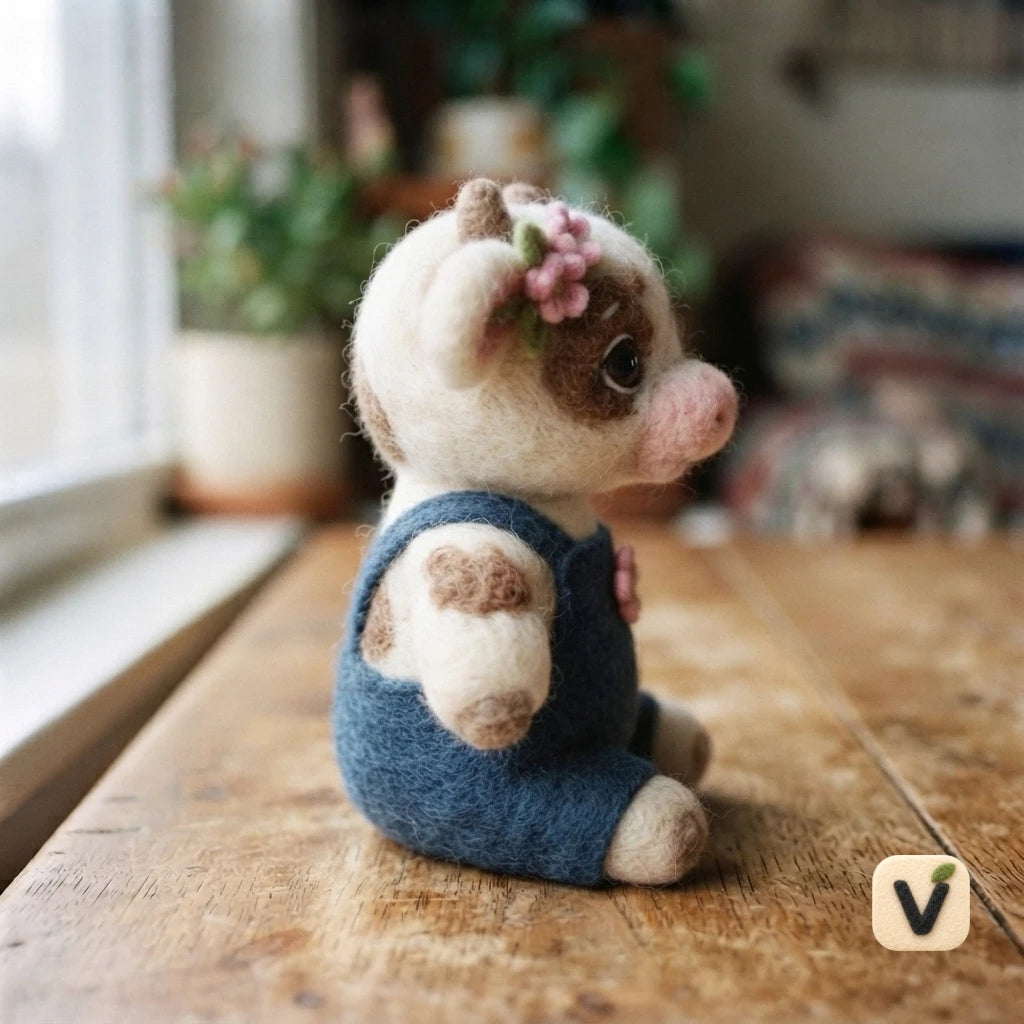 Handmade Wool Felt Spotted Cow Figurine with Blue Overalls & Pink Floral Decor – Farm Animal Table Decor