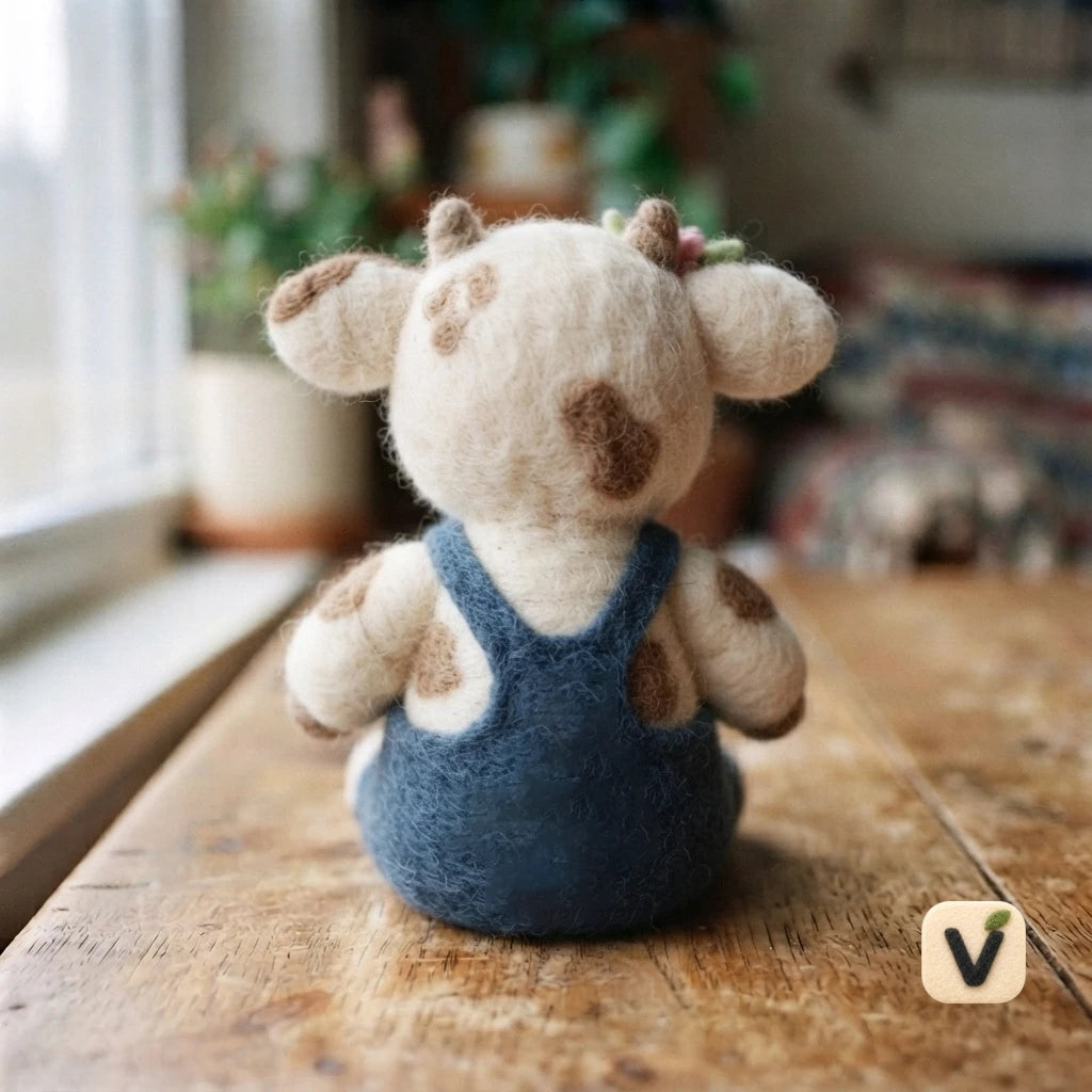 Handmade Wool Felt Spotted Cow Figurine with Blue Overalls & Pink Floral Decor – Farm Animal Table Decor