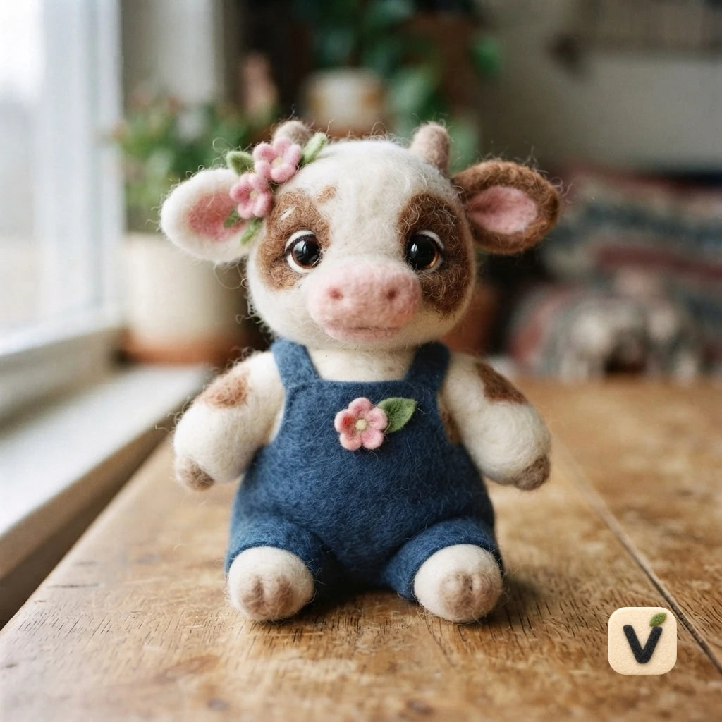 Handmade Wool Felt Spotted Cow Figurine with Blue Overalls & Pink Floral Decor – Farm Animal Table Decor