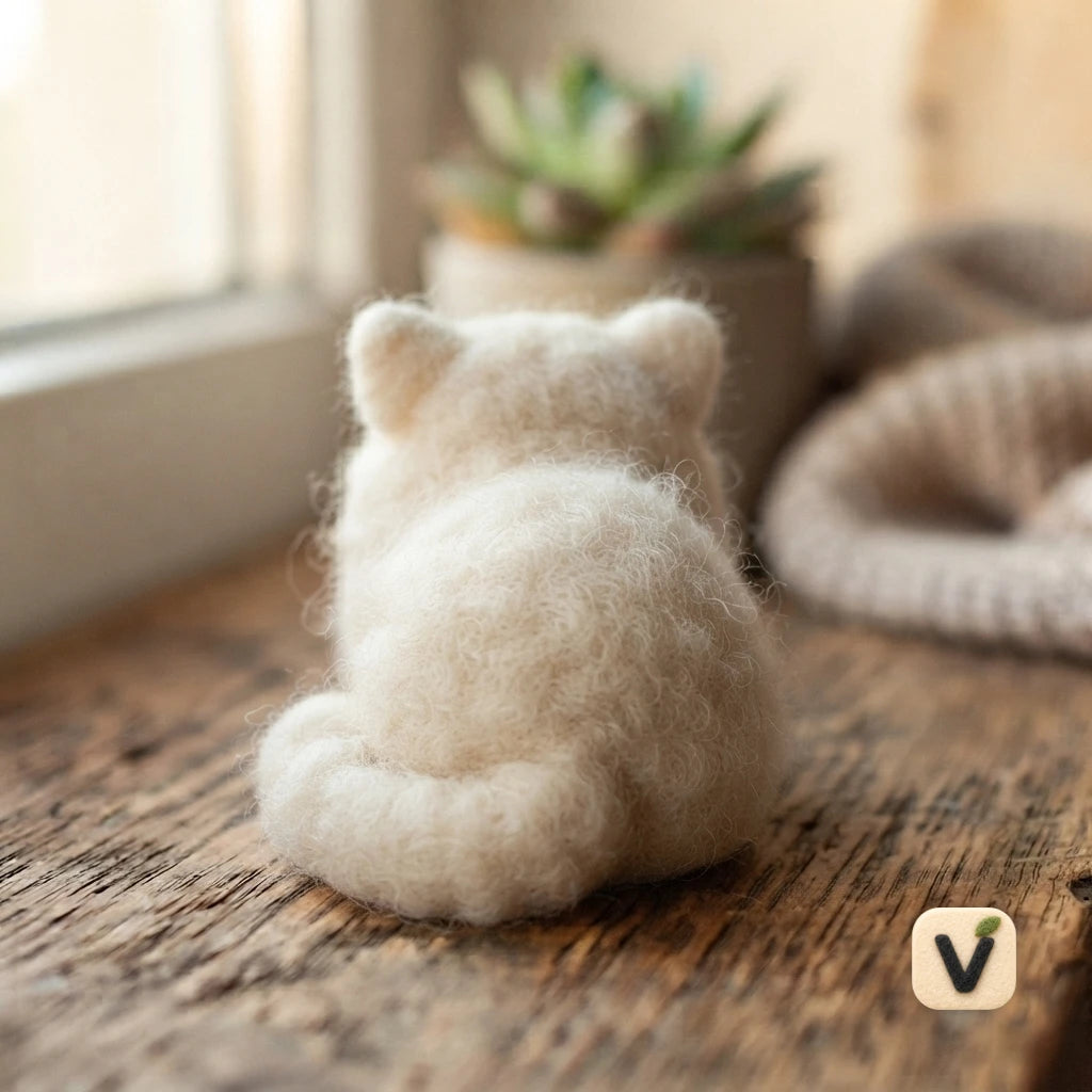 Handmade Wool Felt Cream Fluffy Persian Kitten Figurine – Cozy Pet Tabletop Ornament