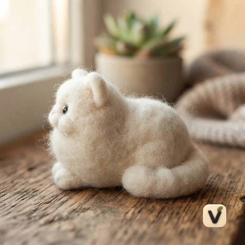 Handmade Wool Felt Cream Fluffy Persian Kitten Figurine – Cozy Pet Tabletop Ornament