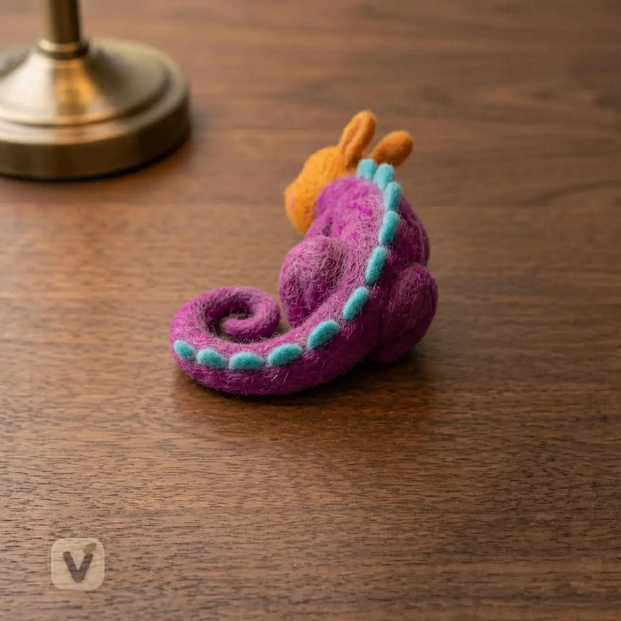 Handmade Wool Felt Sleeping Baby Dragon Figurine with Cyan Spikes – Cute Fantasy Creature Table Decor