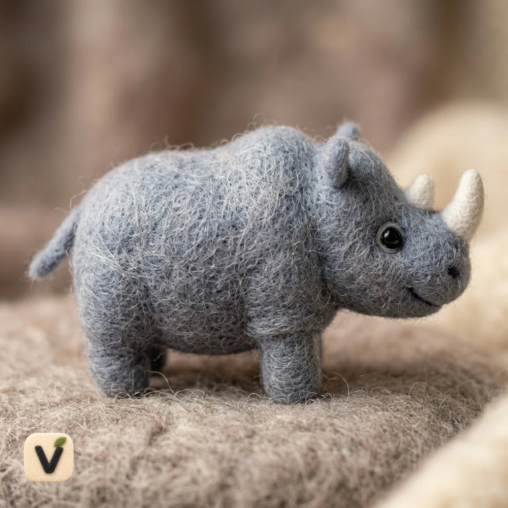 Handmade Wool Felt Cute Rhino Figurine – Whimsical Wildlife Decor
