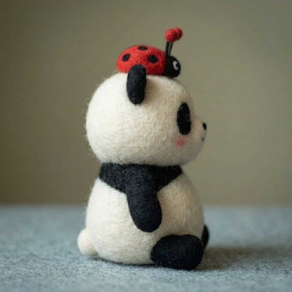 Handmade Wool Felt Panda with Ladybug on Head Figurine – Cute Whimsical Decor