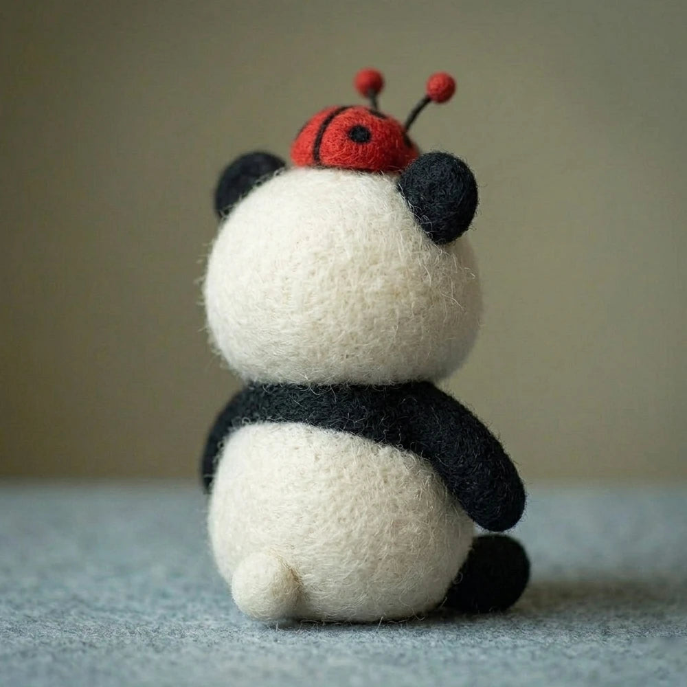 Handmade Wool Felt Panda with Ladybug on Head Figurine – Cute Whimsical Decor