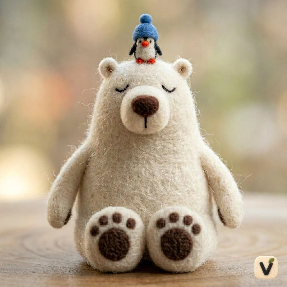 Handmade Wool Felt Polar Bear with Penguin Friend Figurine – Cute Winter Themed Decor