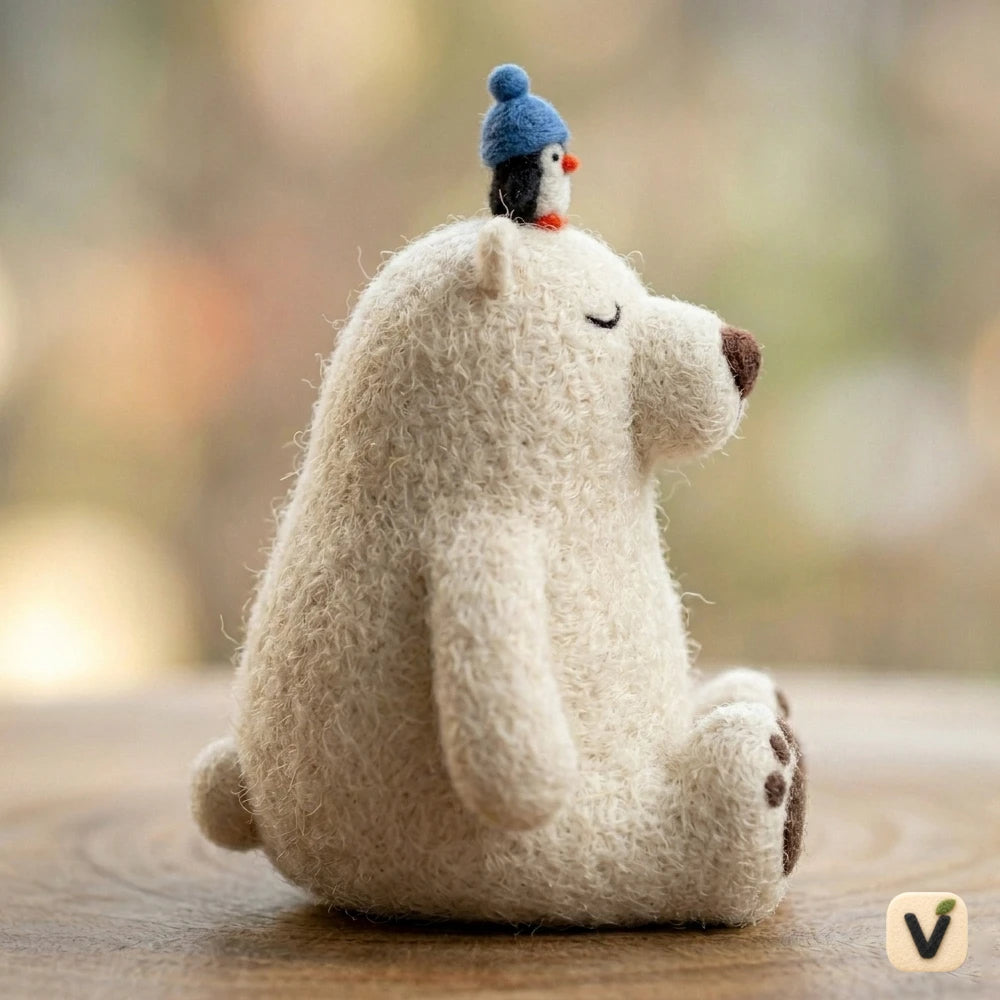Handmade Wool Felt Polar Bear with Penguin Friend Figurine – Cute Winter Themed Decor