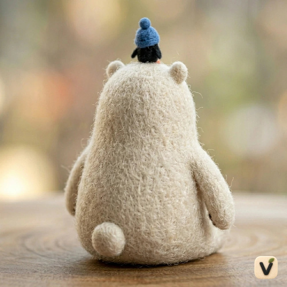 Handmade Wool Felt Polar Bear with Penguin Friend Figurine – Cute Winter Themed Decor