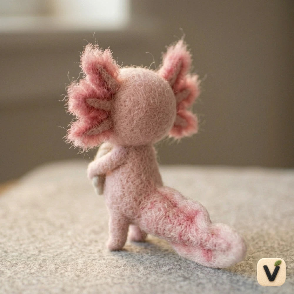 Handmade Wool Felt Axolotl with Fish Friend Figurine – Cute Whimsical Aquatic Decor