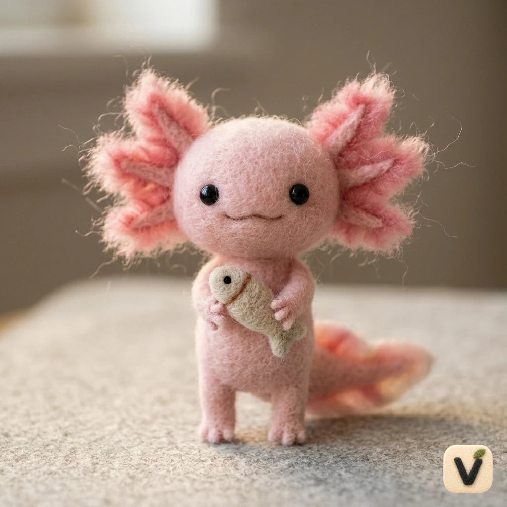 Handmade Wool Felt Axolotl with Fish Friend Figurine – Cute Whimsical Aquatic Decor