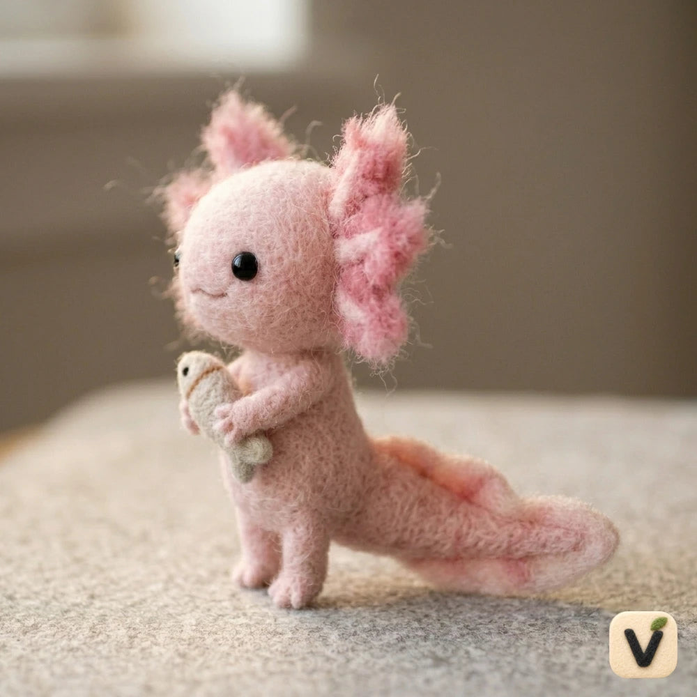 Handmade Wool Felt Axolotl with Fish Friend Figurine – Cute Whimsical Aquatic Decor