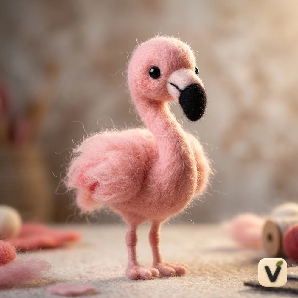Handmade Wool Felt Fluffy Pink Flamingo Figurine – Cute Tropical Whimsical Decor
