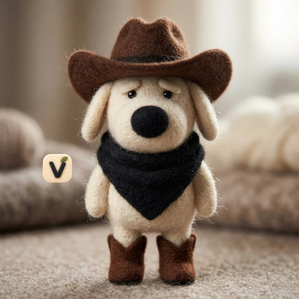 Handmade Wool Felt Cowboy Dog Figurine – Whimsical Western Themed Decor