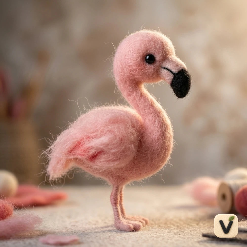 Handmade Wool Felt Fluffy Pink Flamingo Figurine – Cute Tropical Whimsical Decor