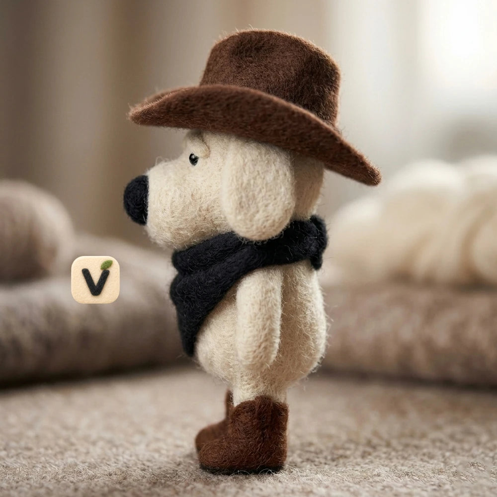 Handmade Wool Felt Cowboy Dog Figurine – Whimsical Western Themed Decor