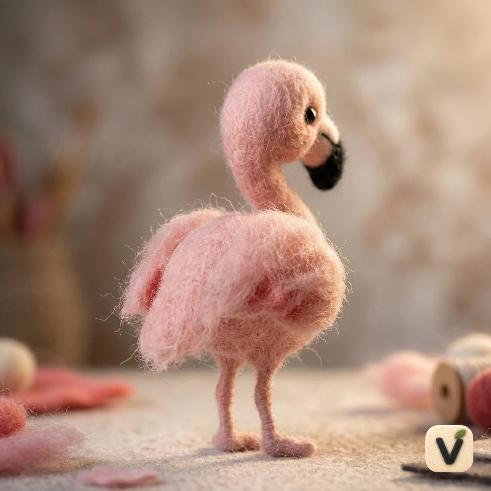 Handmade Wool Felt Fluffy Pink Flamingo Figurine – Cute Tropical Whimsical Decor