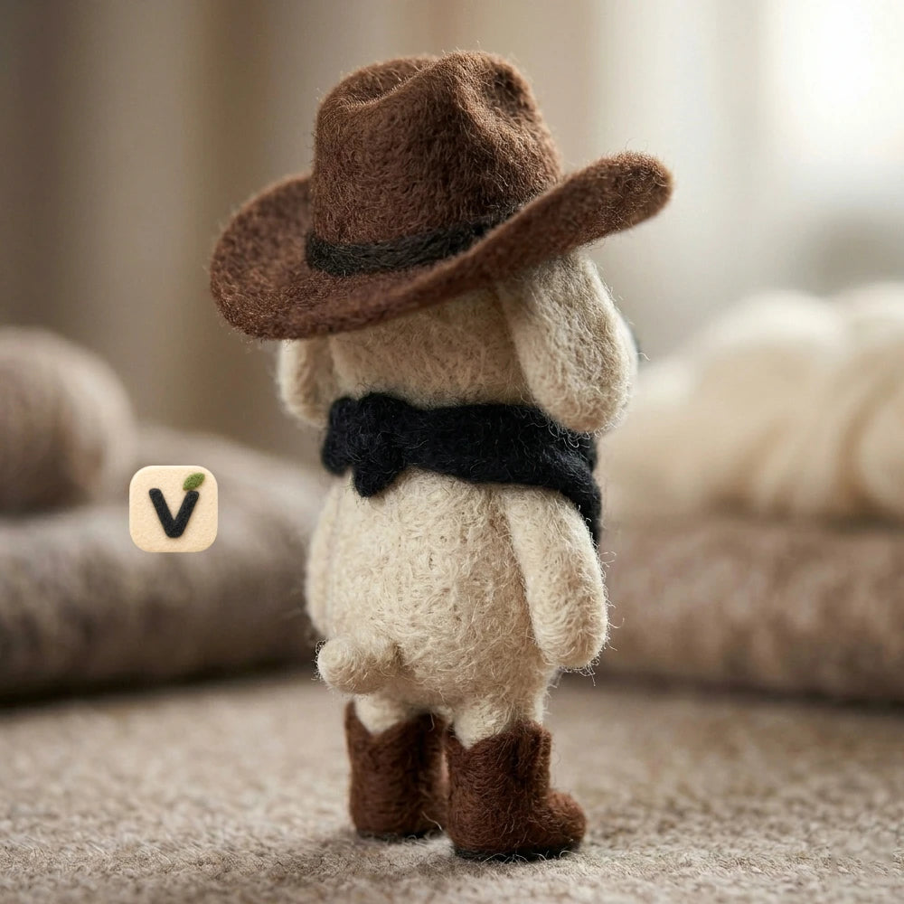 Handmade Wool Felt Cowboy Dog Figurine – Whimsical Western Themed Decor