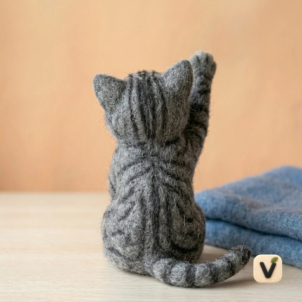 Handmade Wool Felt Grey Tabby Cat Figurine – Realistic Waving Kitten Decor