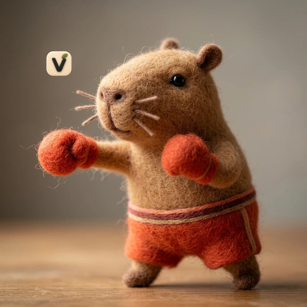 Handmade Wool Felt Boxing Capybara Figurine – Quirky Sporty Novelty Decor