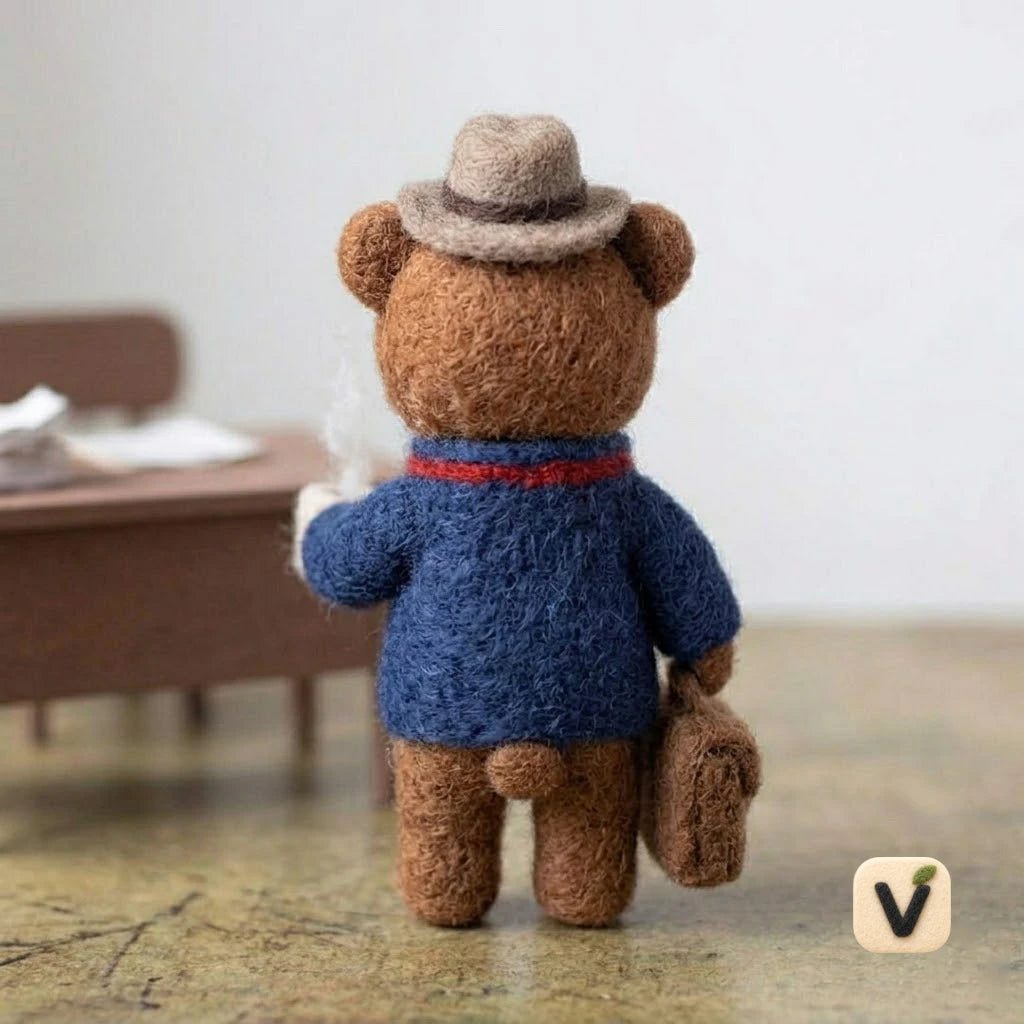Handmade Wool Felt Office Bear Figurine – Cozy Dapper Business Bear Decor