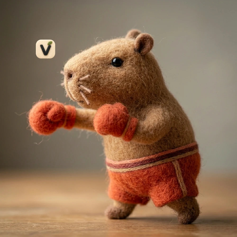 Handmade Wool Felt Boxing Capybara Figurine – Quirky Sporty Novelty Decor