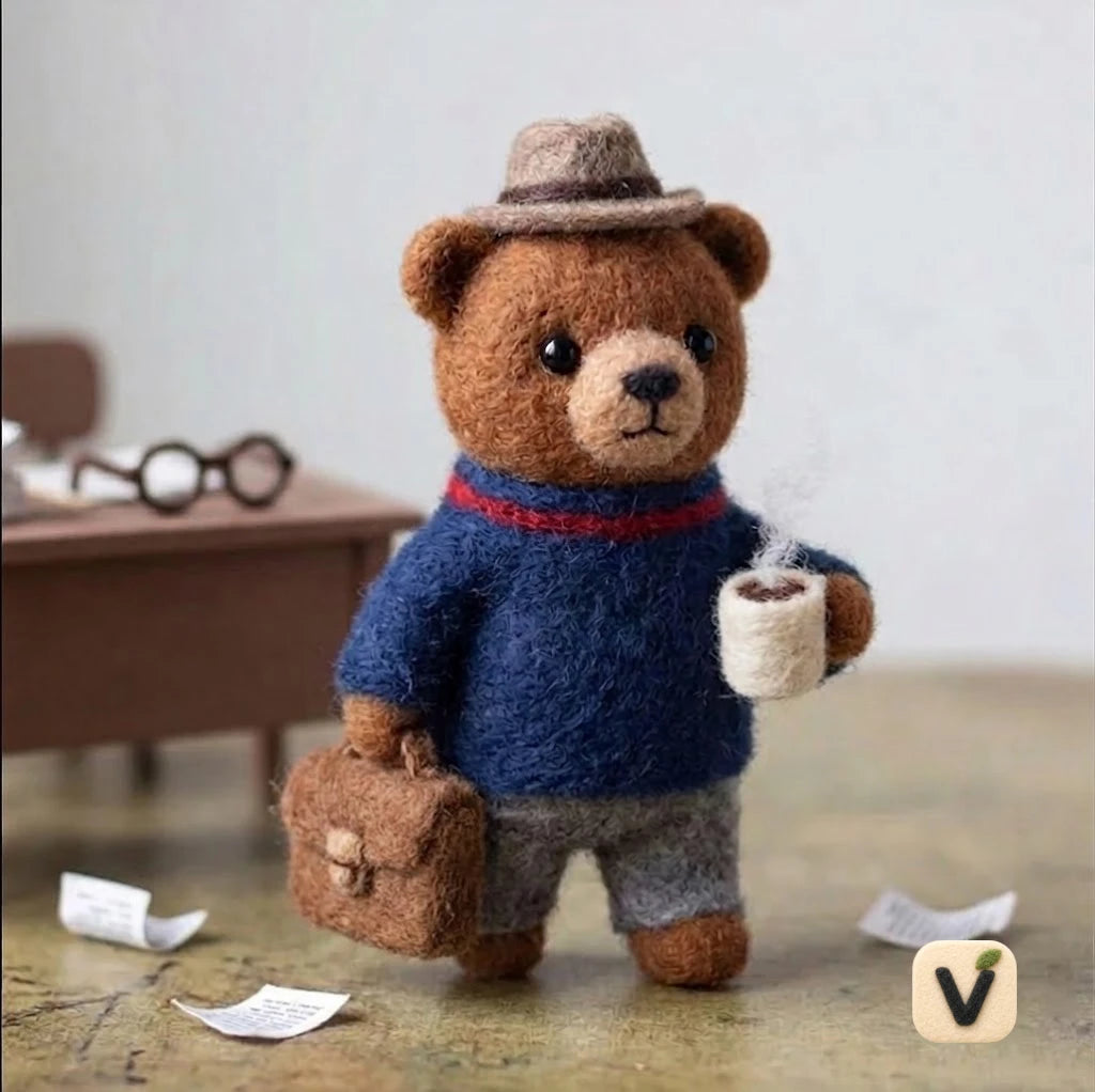 Handmade Wool Felt Office Bear Figurine – Cozy Dapper Business Bear Decor