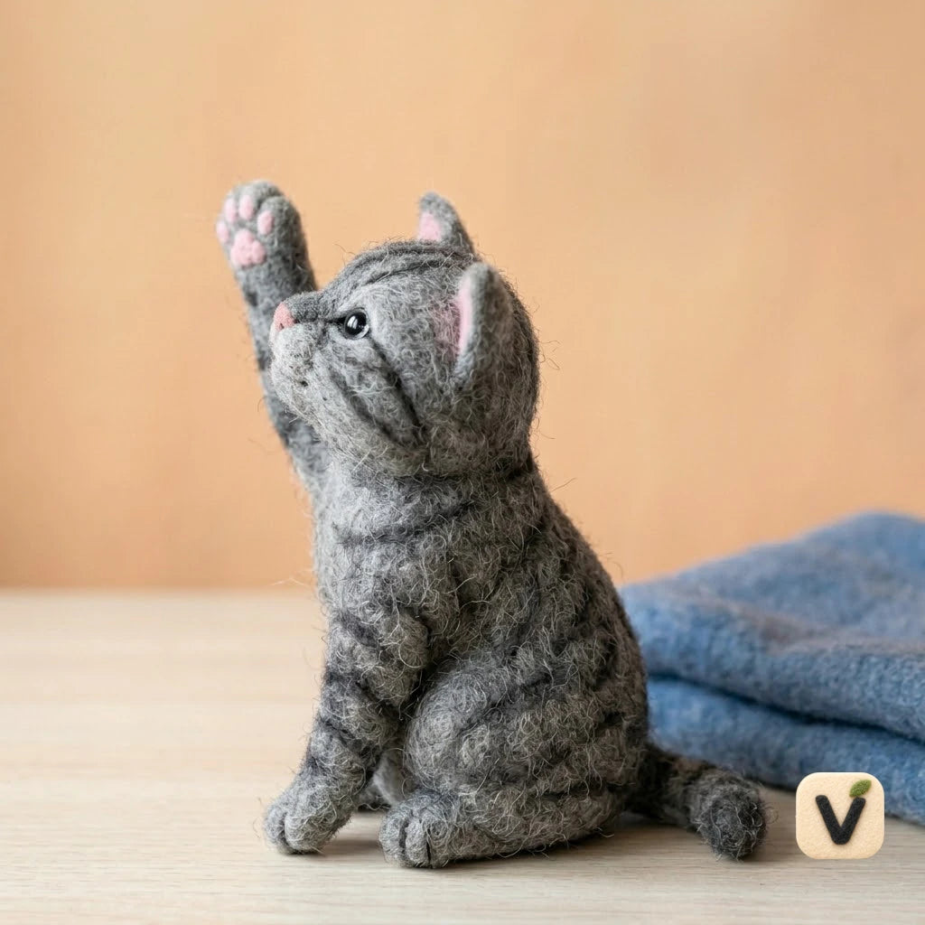 Handmade Wool Felt Grey Tabby Cat Figurine – Realistic Waving Kitten Decor