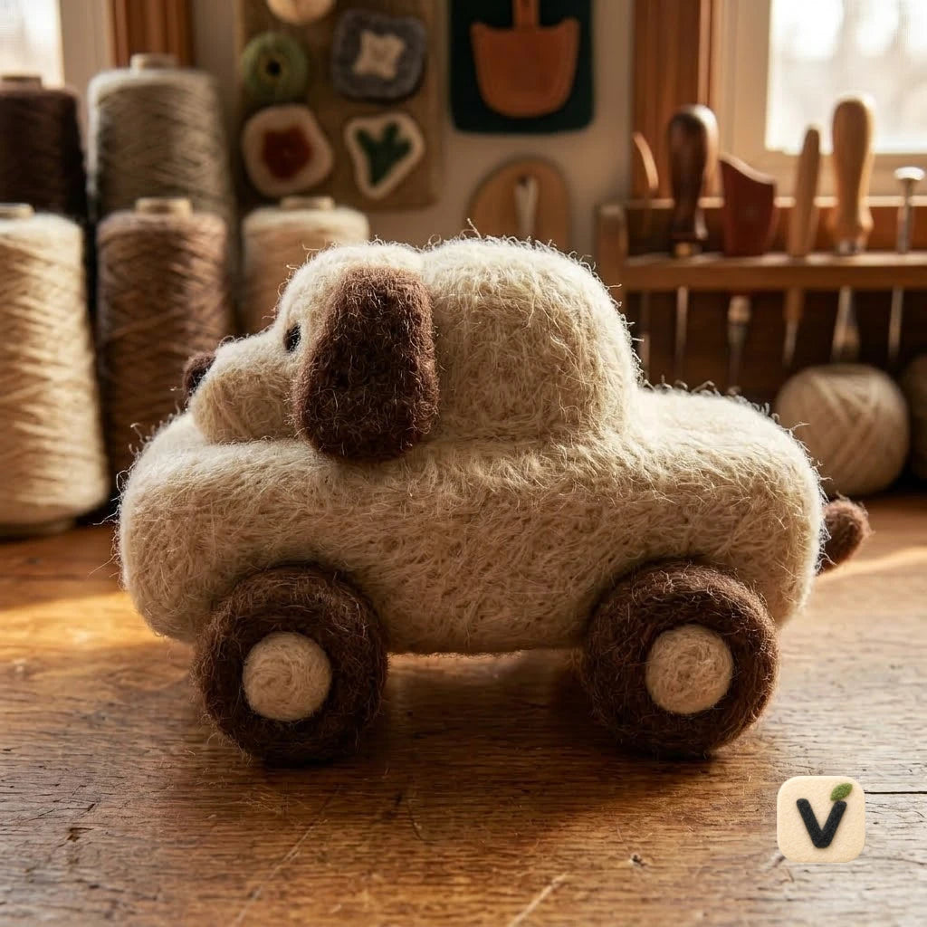 Handmade Wool Felt Dog-Shaped Car Figurine – Cute Whimsical Mini Decor
