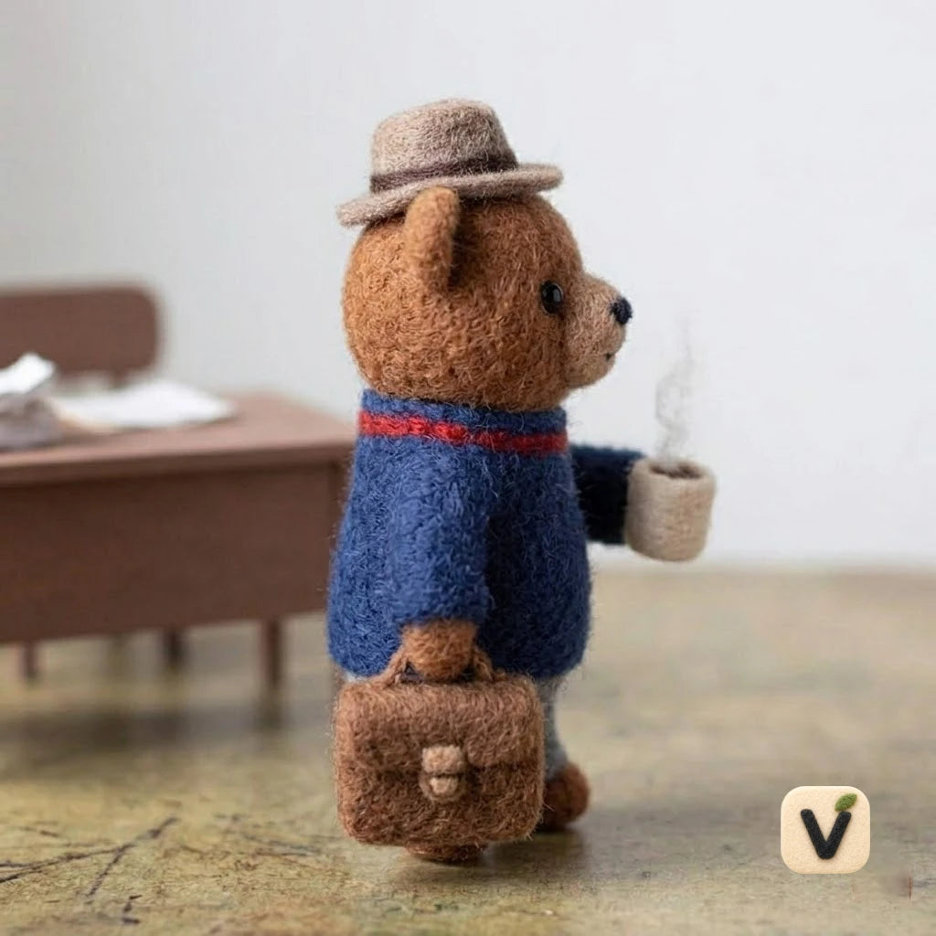 Handmade Wool Felt Office Bear Figurine – Cozy Dapper Business Bear Decor