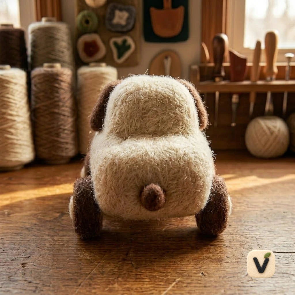 Handmade Wool Felt Dog-Shaped Car Figurine – Cute Whimsical Mini Decor