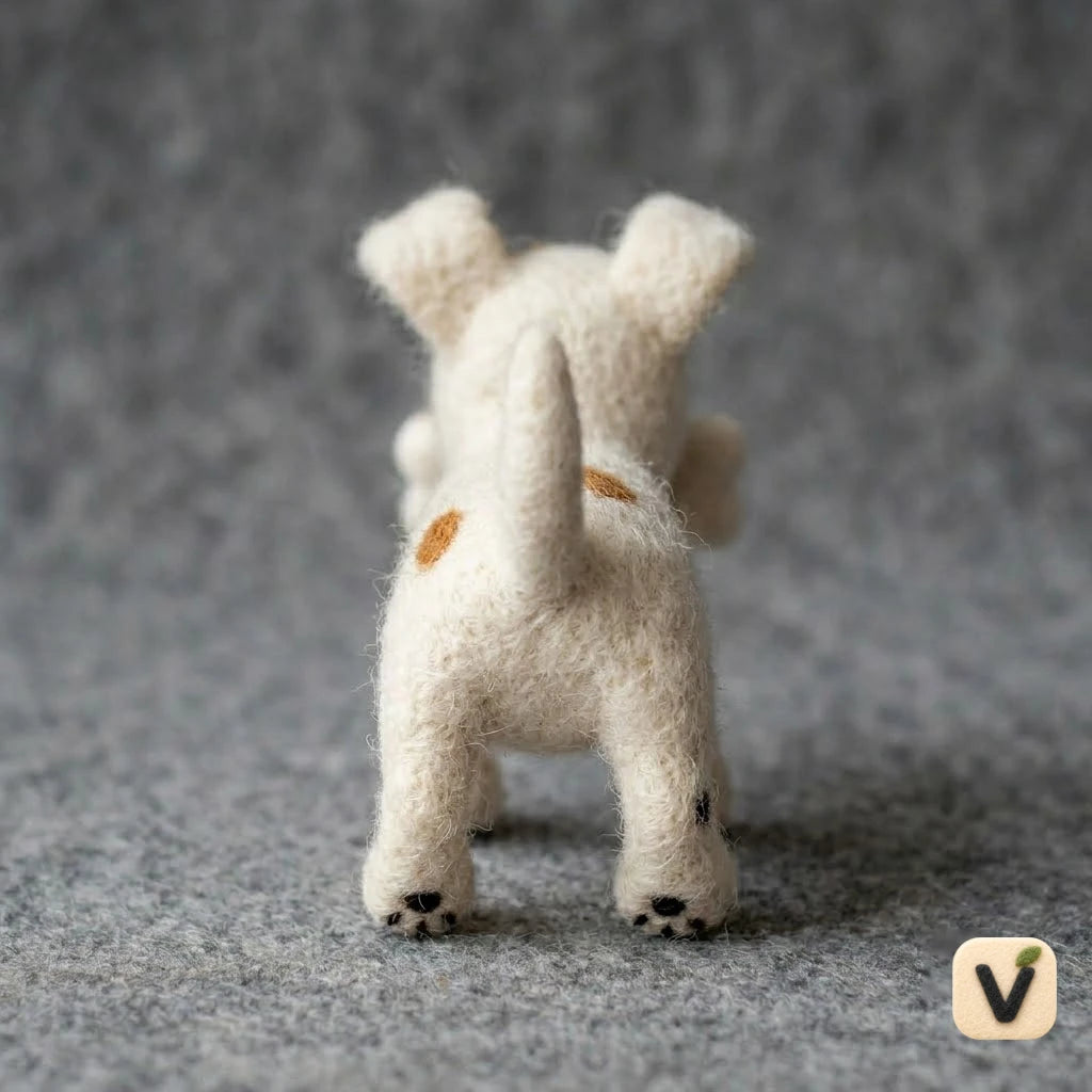 Handmade Wool Felt Spotted Puppy Figurine with Felt Bone in Mouth – Funny Cartoon Dog Desktop Decor